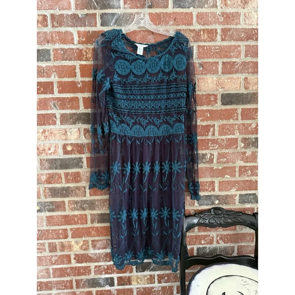 Sundance Midi Dress Small Rhapsody Embroidered Lace Overlay Teal Blue No Liner‎